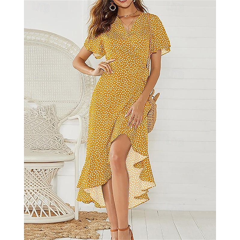 Women's Midi Dress Casual Dress Chiffon Dress Summer Dress Fashion Outdoor Party Holiday Regular Fit Polka Dot Short Sleeve V Neck White Yellow Red Green Summer Spring3