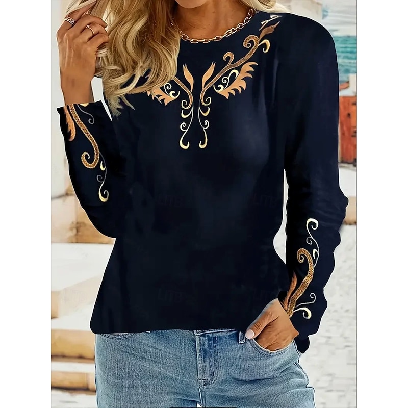 Women's T shirt Long Sleeve Crew Neck Long Sleeve Tunic Graphic Plants Vintage Stylish Round Neck Regular Tops Daily Embroidered Print Navy Blue Fall Prefall