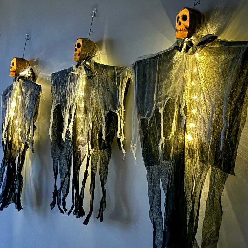 1 Pc Halloween Ghost Skeleton Hanging Ghost Warm Light Indoor and Outdoor Halloween Party Horror and Weird Atmosphere Decorative Light3