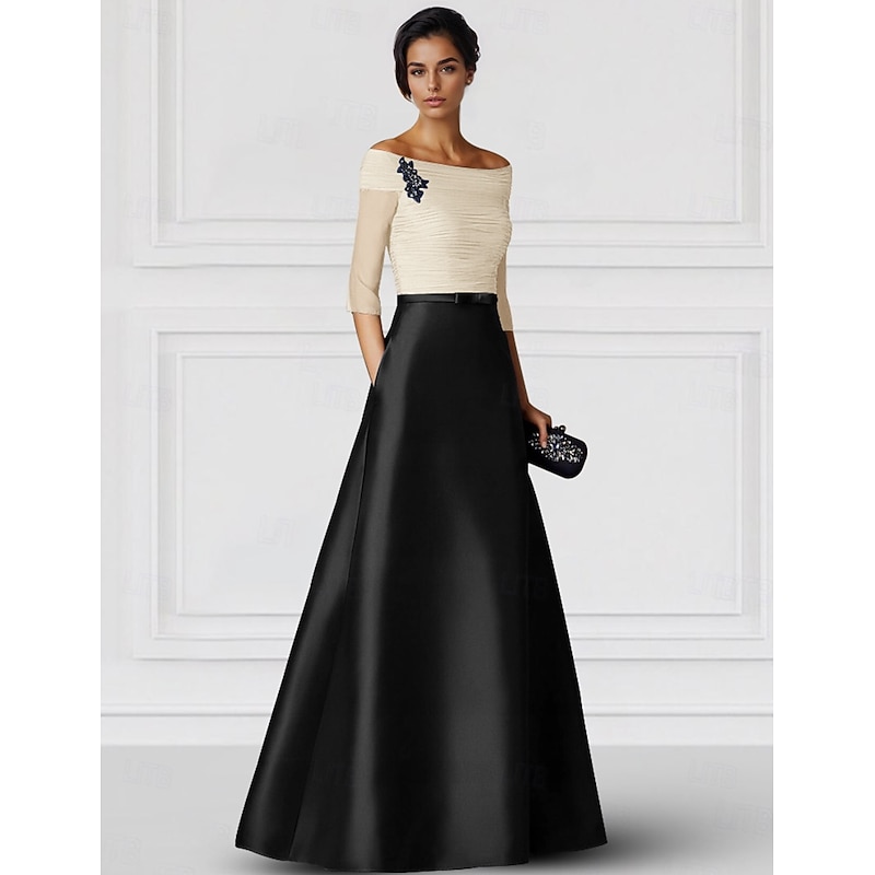 Black Gold White Mother of the Bride A-Line Evening Gown Elegant Dress Formal Wedding Floor Length Half Sleeve Off Shoulder Pocket Satin with Ruched3