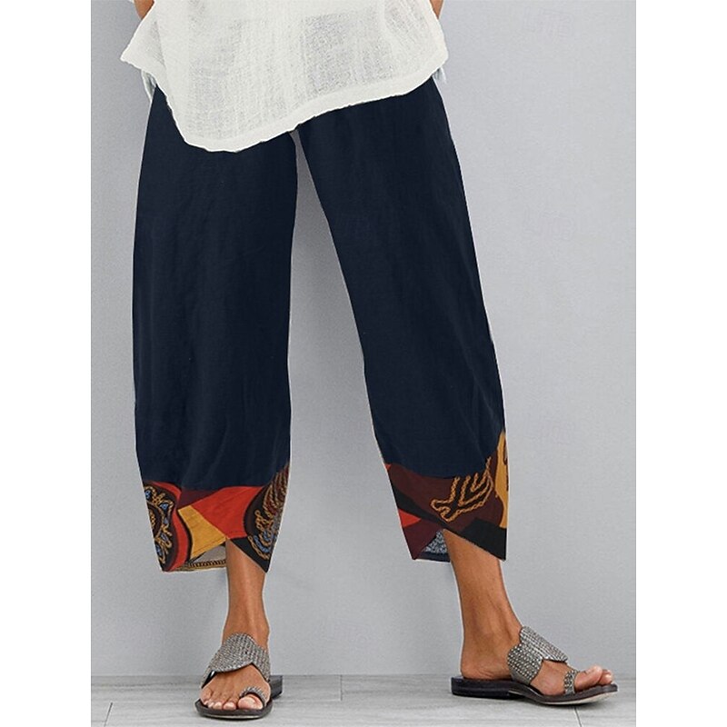 Women's Slacks Pants Trousers Vacation Vintage Ethnic Style Full Length High Waist Floral Graphic Geometic Elastic Waistband Comfy Breathability Soft Inelastic Outdoor Street Daily Black Navy Blue3