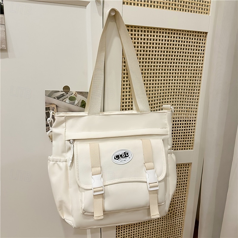 Women's Black and White Canvas Tote Bag – Casual School Shoulder Bag with Front Buckle Pocket for Teen Girls & College Students3