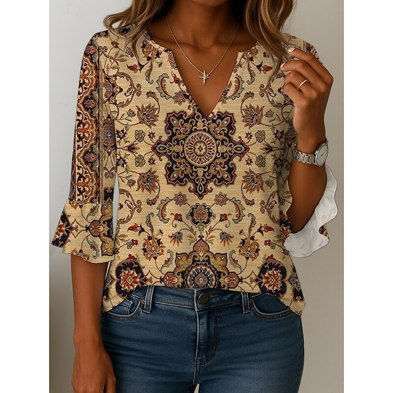 Women's Blouse Floral Graphic Retro Vintage Ethnic 3/4 Length Sleeve V Neck Regular Tops Daily Holiday Print Red Blue Brown Khaki Summer Spring Fall