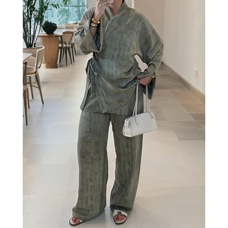 Women's Active Streetwear Blouse Pants Sets Long Sleeve V Neck Solid Color Lace up Daily Casual Daily Green Beige Fall Regular Fit2