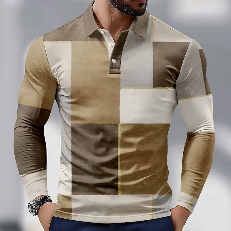 Men's Color Block Polo Long Sleeve Polo Shirts Collared Shirts Business Casual Athleisure Daily Wear 3D Print Spring Fall Blue Purple Brown2