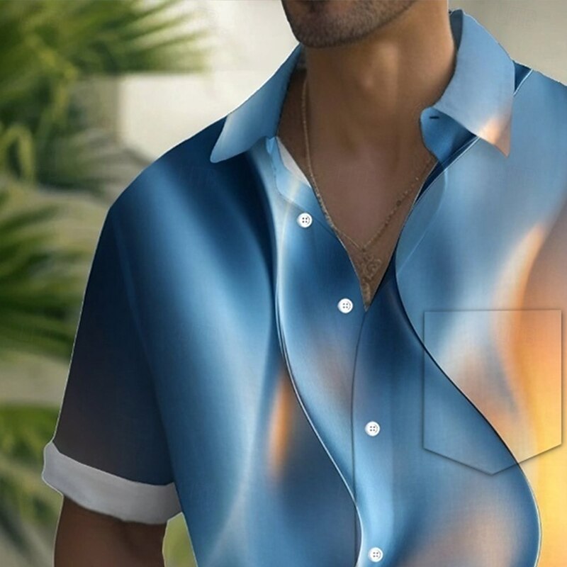 Men's Gradient Waves Color-blocking Shirt Summer Shirt Button Up Shirt Short Sleeve Fashion Casual Outdoor Vacation Dailywear Summer Spring Turndown 3D Print Collared Shirts Front One Pocket Blue Gray3
