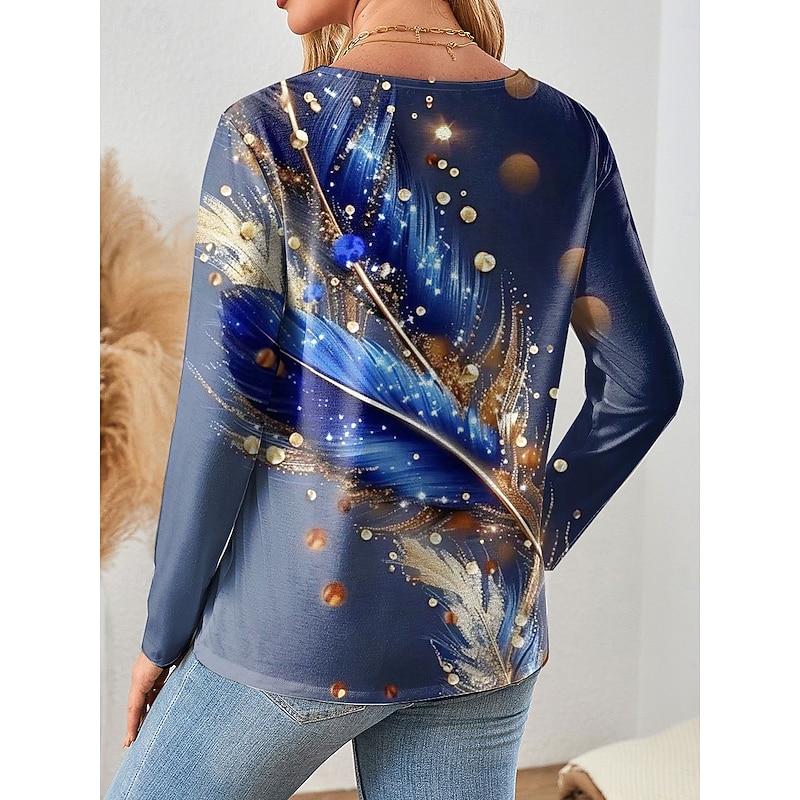 Women's T shirt Long Sleeve V Neck Long Sleeve Tunic Graphic Feather Vintage Stylish Casual Regular Tops Daily Print Blue Purple Green Spring Fall Prefall2