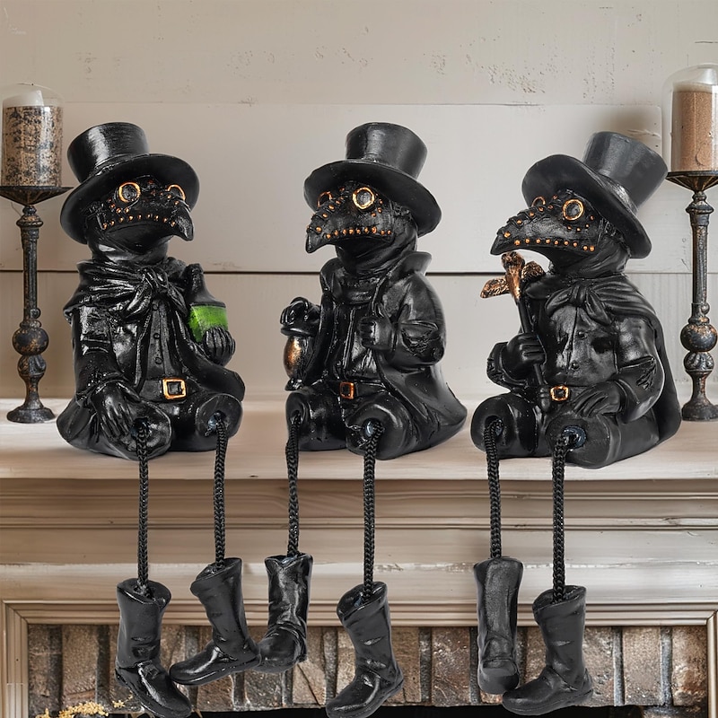 3 Pcs Halloween Plague Doctor with Dangling Legs Figurines Decoration Resin Gothic Scary Crow Table Fireplace Shelf Sitting Figurines Party Ornament Gifts for Indoor Home Decor