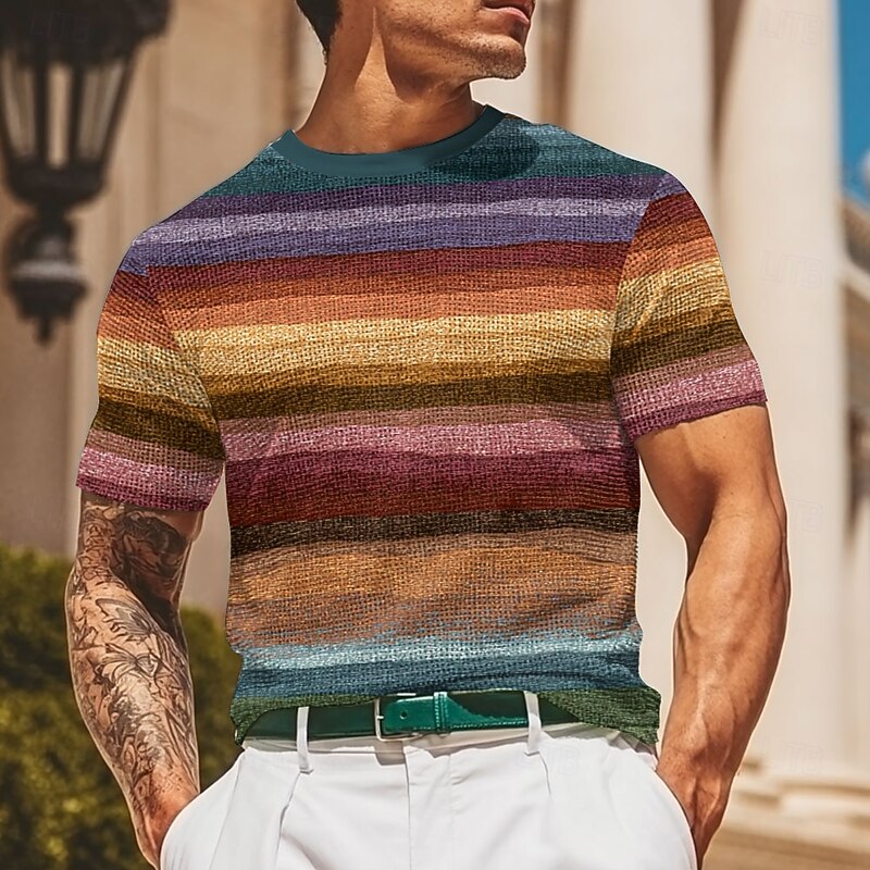 Men's Line Waffle Shirt Short Sleeve T shirt 3D Print Crew Neck Shirt Fashion Casual Comfortable Street Casual Daily Red Blue Purple Summer Spring Clothing Apparel S M L XL XXL XXXL - Main Image