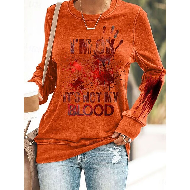 Halloween Women's Pullover Sweatshirt Bloodstain Graphic Casual Long Sleeve Crew Neck Round Neck Regular Tops Street Casual Holiday Print White Pink Blue Orange Gray Spring Fall Winter2