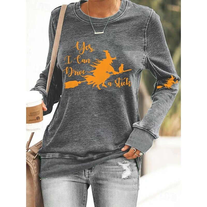 Halloween Women's Pullover Sweatshirt Witch Graphic Casual Long Sleeve Crew Neck Regular Tops Street Casual Holiday Print Black White Blue Purple Orange Spring Fall Winter3
