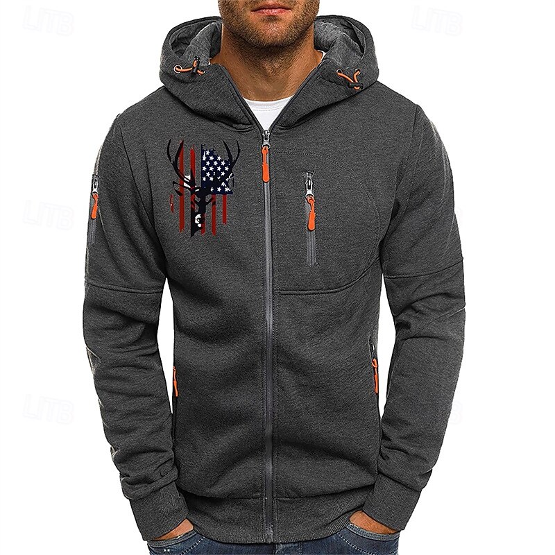 Men's Hoodie Full Zip Hoodie Black White Navy Blue Light Grey Dark Gray Hooded Elk National Flag Pocket Print Sports & Outdoor Daily Holiday Polyester Streetwear Basic Casual Spring Fall Clothing3