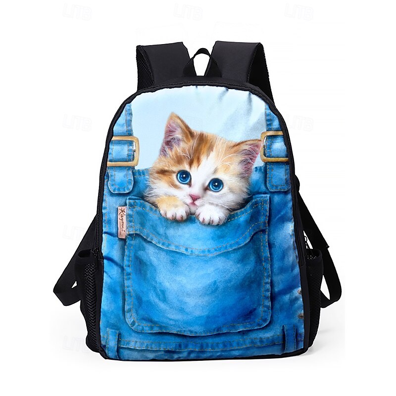 Kid's 3-Piece Denim Pocket Cat Print Backpack Set by Kayomi Harai- Cute Cartoon Design, Insulated Lunch Bag, Adjustable Shoulder Strap, Great for School, Travel and Daily Use4
