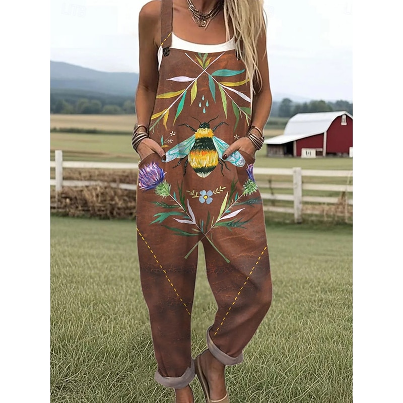 Women's Jumpsuit Active Graphic Sleeveless Sleeveless Wide Leg Pocket Buttons Vacation Street Loose Fit White Yellow Brown Summer2