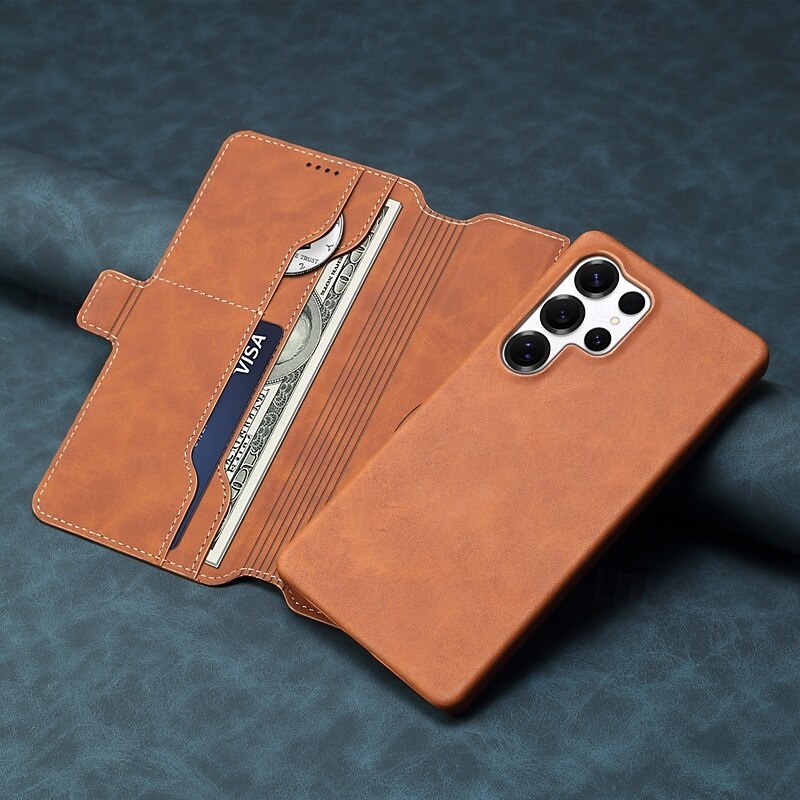 Phone Case For Samsung Galaxy S25 Ultra Plus Back Cover Support Wireless Charging Kickstand Card Slot Retro TPU PU Leather