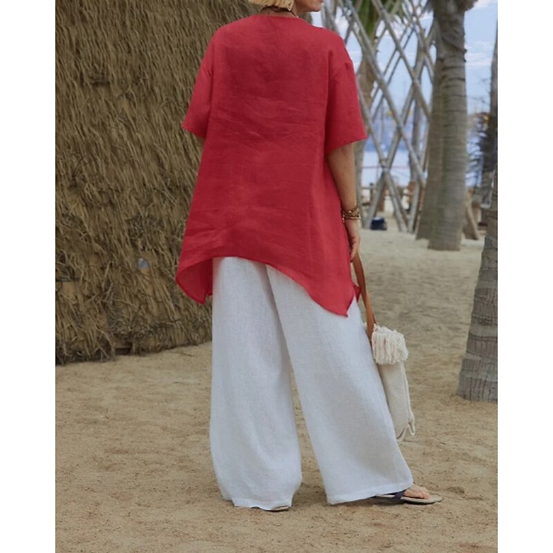 Women's Shirt Linen-Inspired Shirts Blouse Plain Modern Casual Half Sleeve V Neck Regular Tops Daily Going out Asymmetric White Red Green Apricot Summer4
