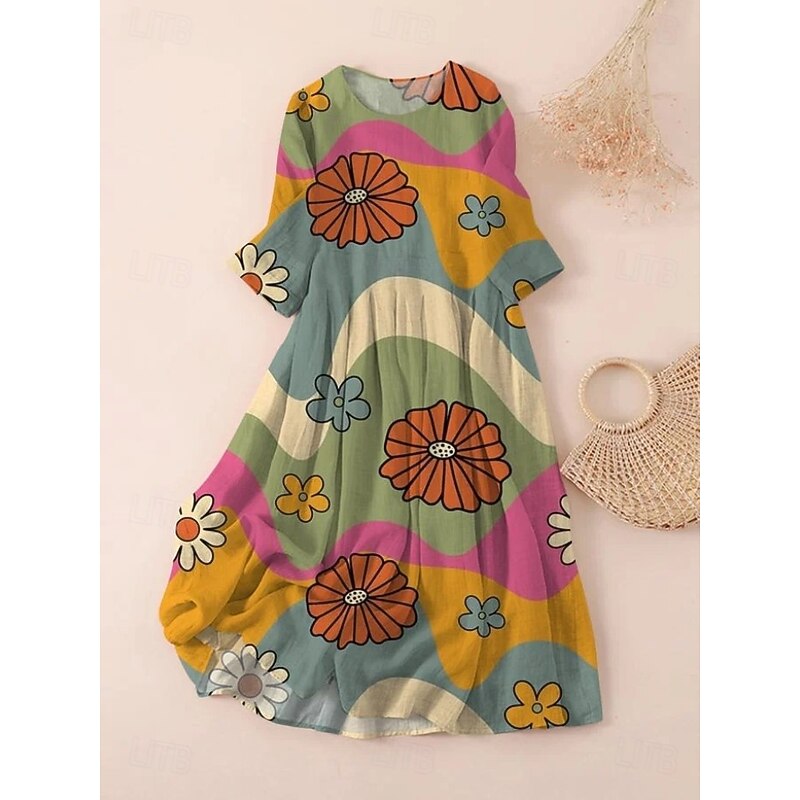 Women's Midi Dress T Shirt Dress Tee Dress A Line Dress Summer Dress Vacation Casual Beach Date Summer Dress Regular Fit Floral Graphic Short Sleeve Crew Neck Light Green Pink Red Light Brown Summer3