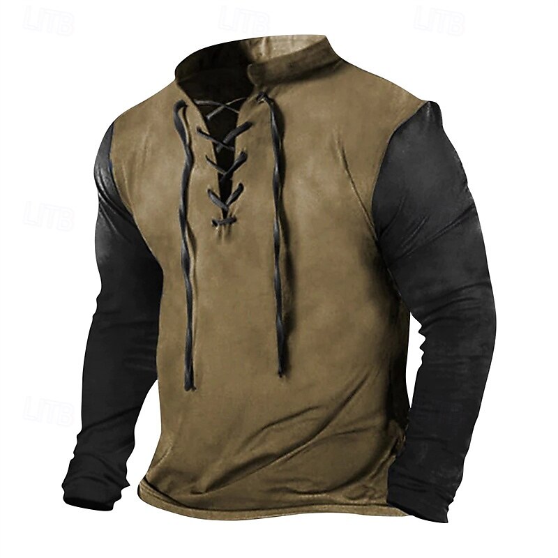 Men's Sweatshirt Wine Blue Khaki Gray Standing Collar Color Block Lace up Sports & Outdoor Daily Holiday Polyester Streetwear Basic Casual Spring Autumn / Fall Clothing Apparel Hoodies Sweatshirts
