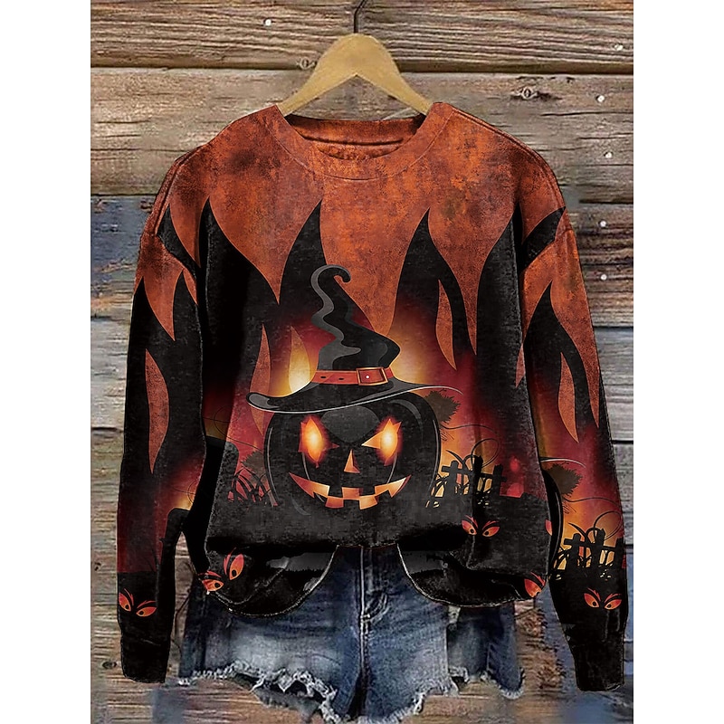 Halloween Women's Sweatshirts Pumpkin Graphic Casual Long Sleeve Crew Neck Regular Tops Street Dailywear Casual Print Pink Blue Purple Orange Green Fall Winter