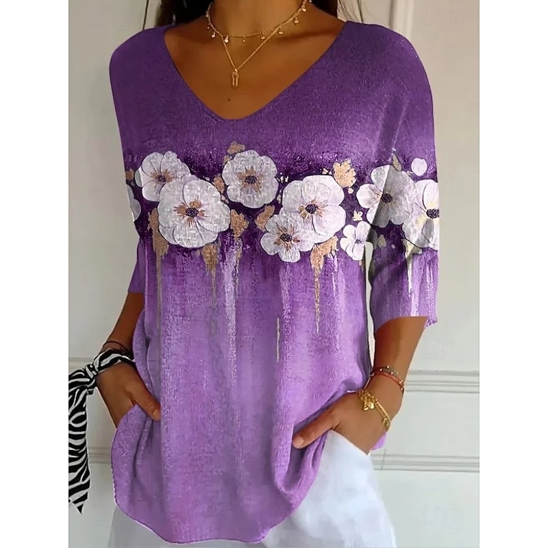 Women's Blouse Floral Graphic Vintage Tropical Stylish 3/4 Length Sleeve V Neck Regular Tops Daily Blue Light Purple Purple Summer Spring Fall2