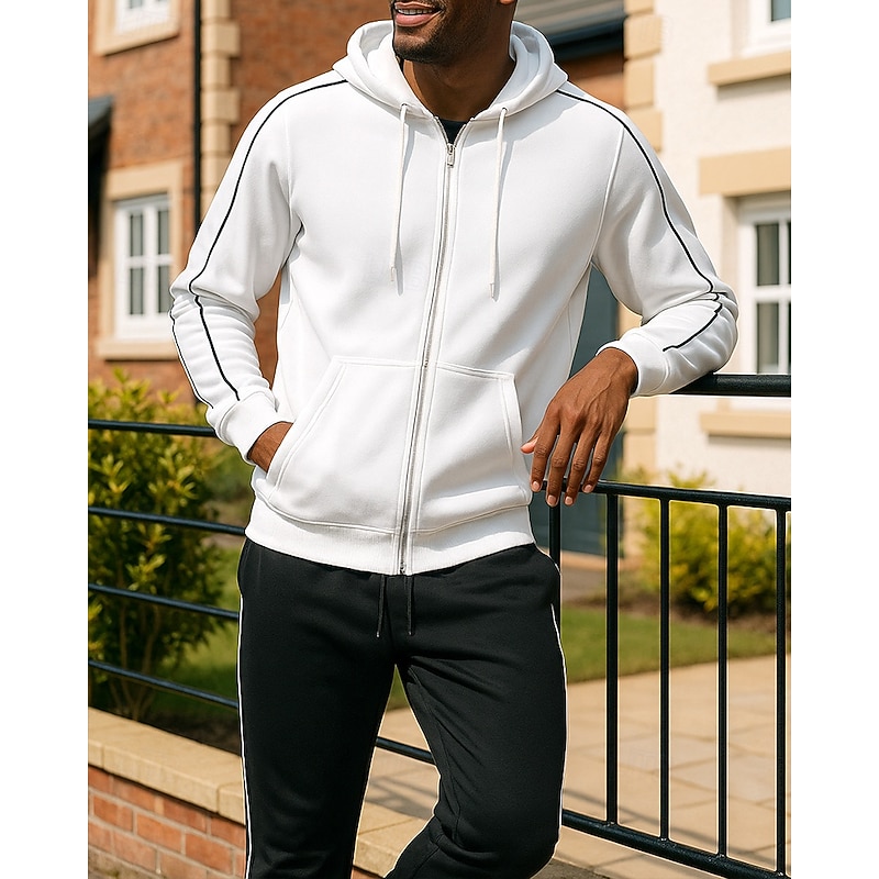 Men's Tracksuit Sweatpants Zip Up Hoodie Drawstring Pocket Solid Colored Clothing Suit Spring Black White Hiking Workout Athletic Sun Protection Windproof Lightweight Long Sleeve Sport Activewear3