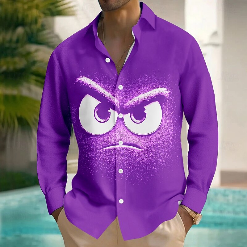 Men's Cartoon Funny Smile Face Shirt Button Up Shirt Long Sleeve Fashion Casual Outdoor Daily Streetwear Spring Fall Turndown 3D Print Front One Pocket Linen Like Shirt Black Blue Purple Orange3