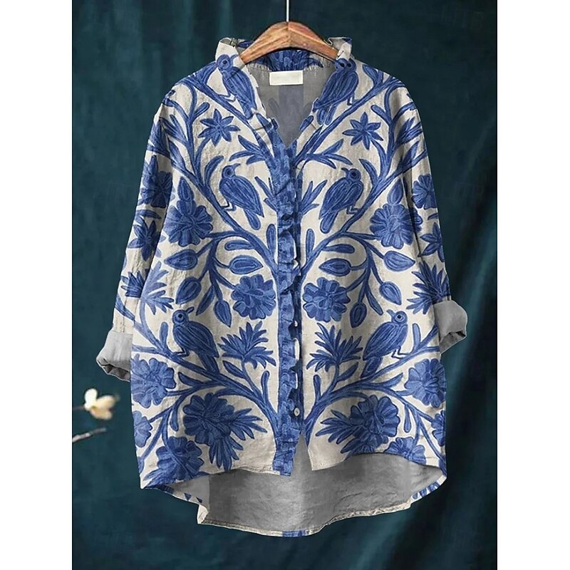 Women's Boho Shirt Floral Elegant Bohemia Active Long Sleeve Work Daily Holiday Ruched Ruffle Denim Blue Pink Dusty Rose Blue Green Summer Spring Fall2