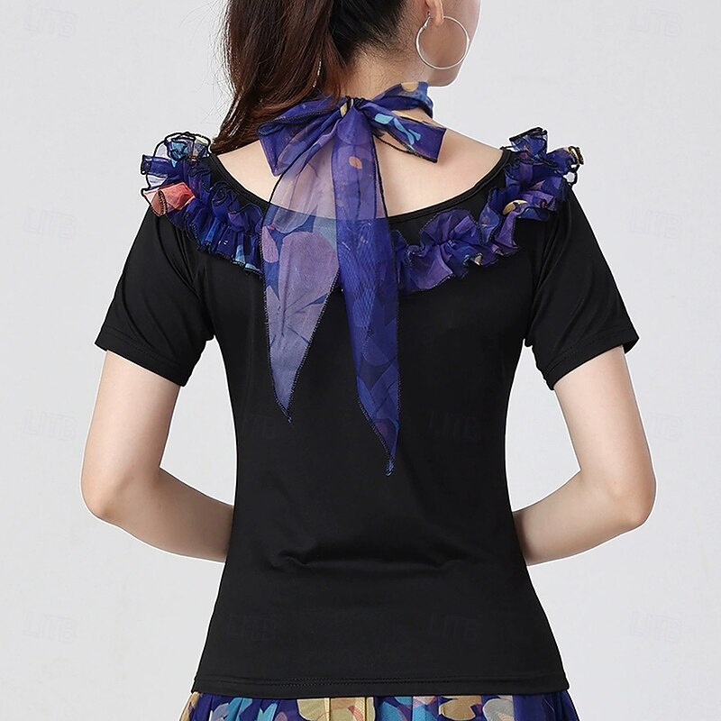 Latin Dance Top Printing Pure Color Splicing Women's Performance Training Short Sleeve High Polyester4
