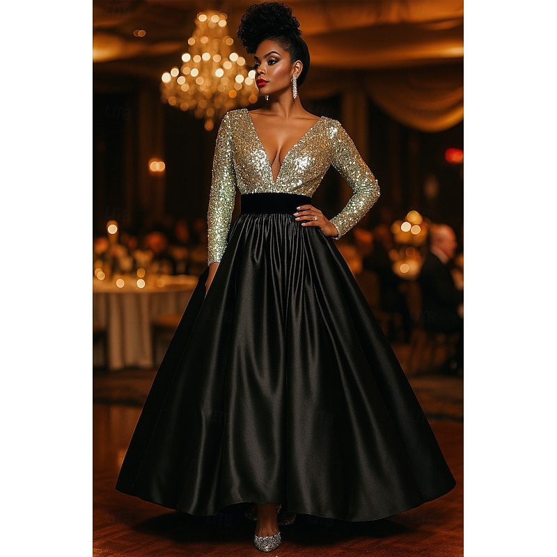 Black Tie A-Line Evening Gown Cocktail Dresses Sparkle Stretch Sequin Formal Gown Wedding Floor Length Long Sleeve Plunge Neckline Satin with Ruched4