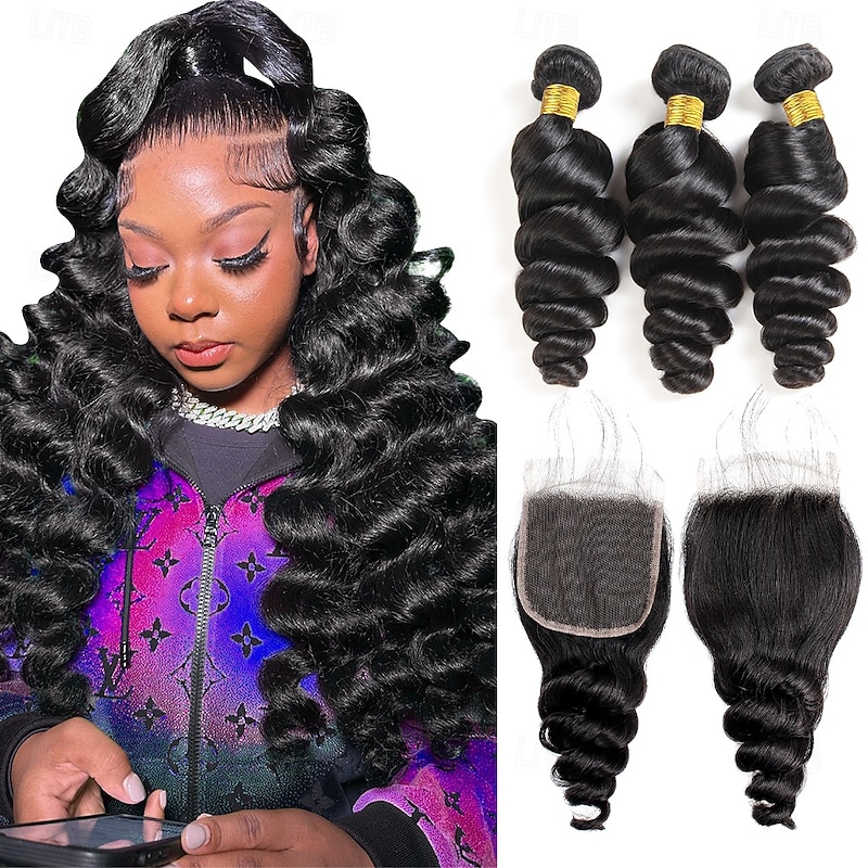 Loose Wave Human Hair Weave Extension 3 Bundles With Closure 4x4 Lace Closure hair - Main Image