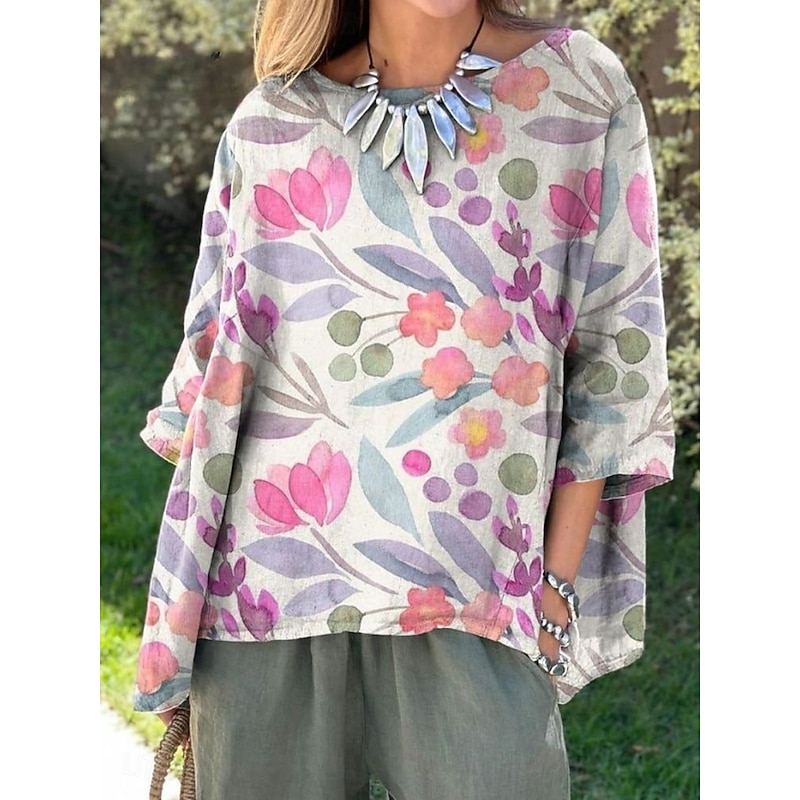 Women's Shirt Floral Daily Casual 3/4 Length Sleeve Crew Neck Regular Tops Daily Holiday Print Grass Green White Green Summer Spring Fall2