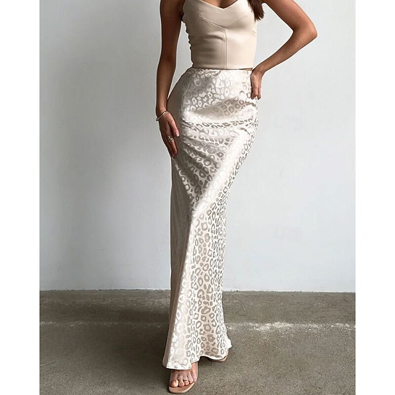 Women's Skirt Fashion Maxi Mid Rise Skirts Leopard Print Micro-elastic Vacation Street Beige Summer Polyester2