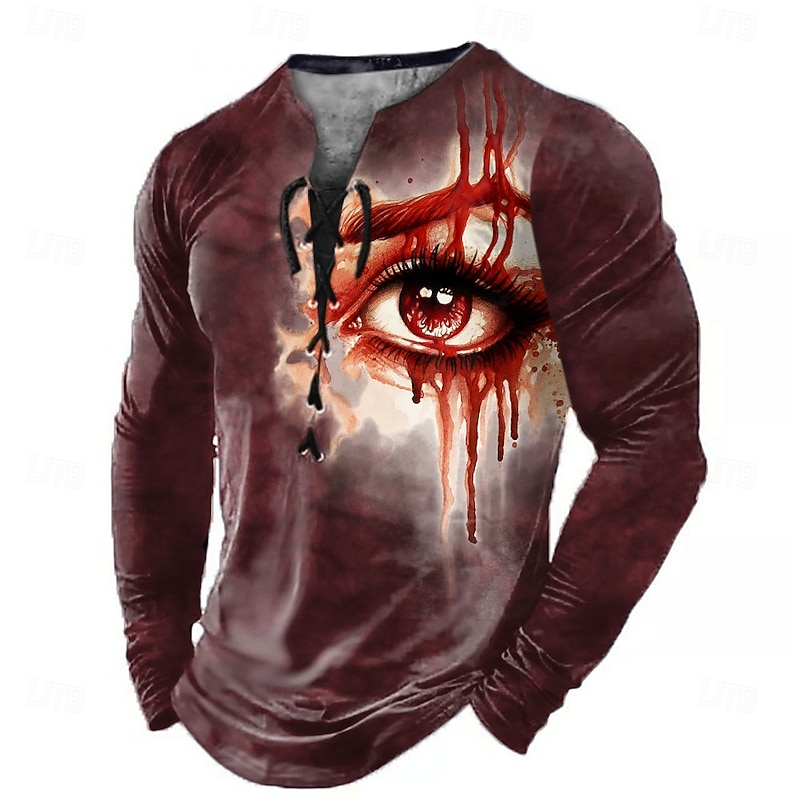 Sarah Richter Halloween Men's 3D Henley Shirt T shirt Tee Long Sleeve T shirt 3D Print Lace Up Neck Henley Shirt Fashion Casual Vintage Retro Tee2