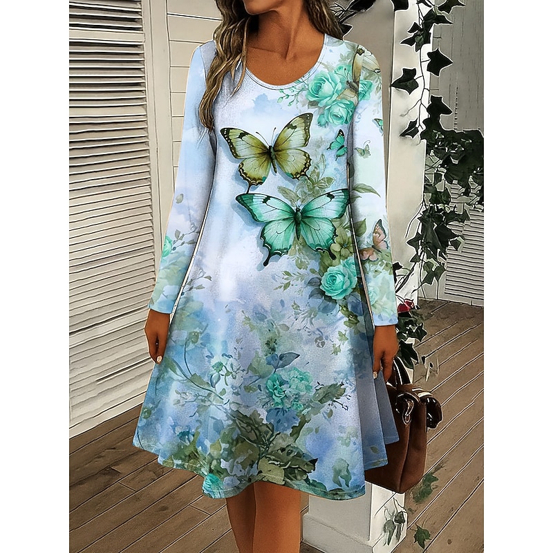 Women's Mini Dress Crew Neck Long Sleeve Casual Dress T Shirt Dress Tee Dress A Line Dress Casual Regular Fit Floral Graphic Butterfly Pink Blue Orange Green Spring Fall Winter4