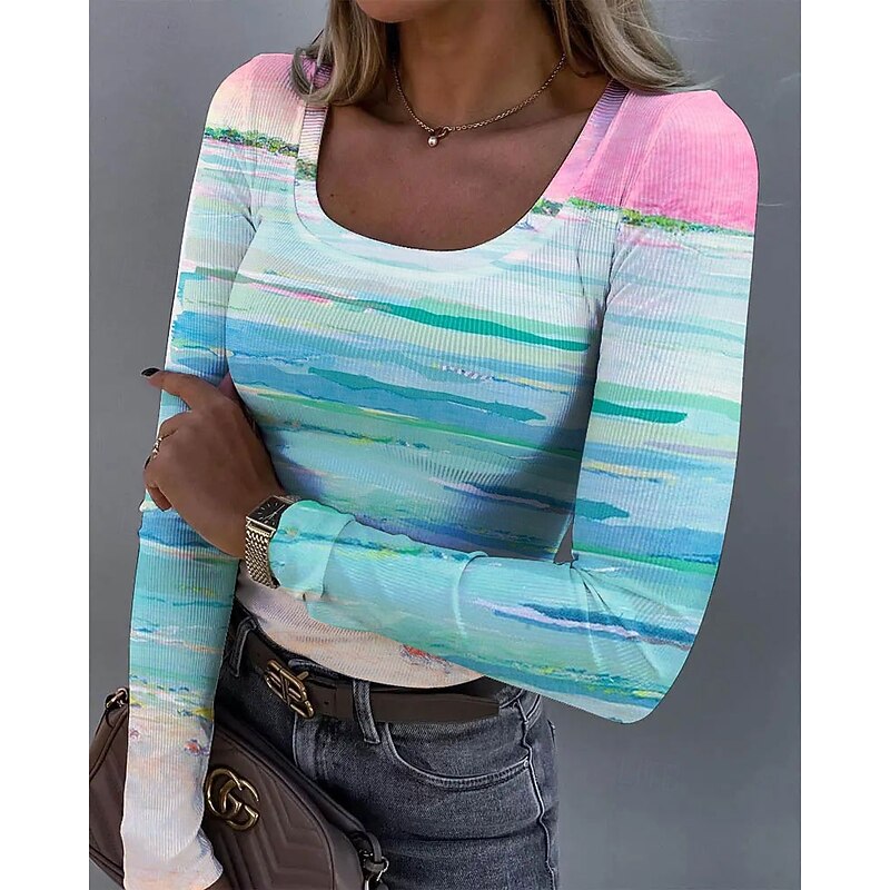 Women's T shirt Long Sleeve Ribbed Graphic Square Neck Long Sleeve Casual Tunic Ombre Vintage Stylish Regular Tops Daily Print Red Blue Purple Green  Spring Fall Prefall
