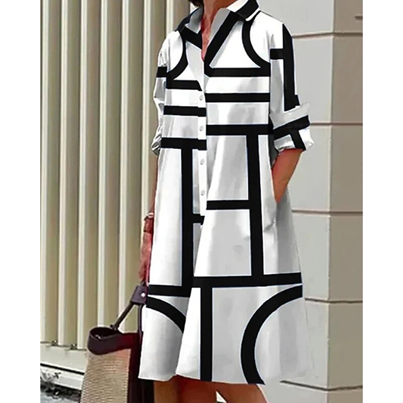 Women's Midi Dress Shirt Dress Casual Dress Fashion Modern Daily Beach Weekend Regular Fit Geometric Long Sleeve Shirt Collar Black Yellow Wine Blue Spring Fall3