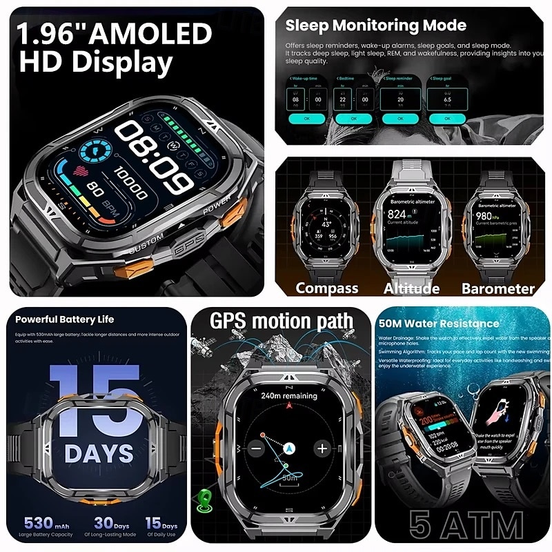 X5 Smart Watch 1.96 inch Smartwatch Fitness Running Watch Bluetooth Call Reminder Activity Tracker Heart Rate Monitor Sedentary Reminder Find My Device Compatible with Android iOS IP68 Men GPS Heart2