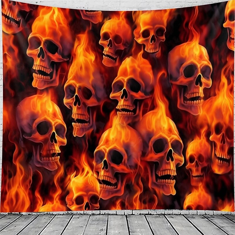Halloween Flaming Skull Tapestry – Fiery Skeleton Heads Wall Art Backdrop, Scary Gothic Horror Large Hanging Mural Blanket Curtain for Bedroom Living Room  2025 Halloween Home Decoration2