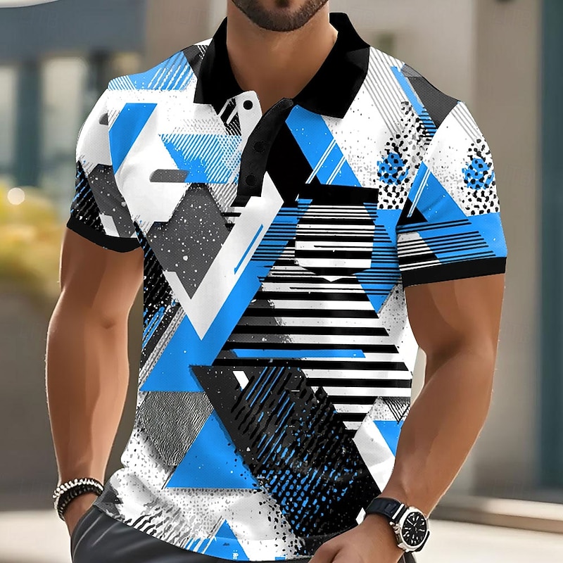 Men's Geometric Polo Short Sleeve Polo Shirts Collared Shirts Casual Outdoor Athleisure Daily Wear Pocket 3D Print Buttons Summer Red Blue Orange