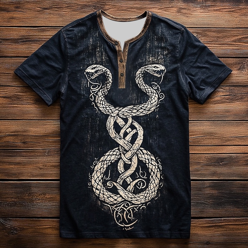 Men's Snake Print T Shirt Henley Shirt Short Sleeve Vintage Designer Retro Vintage Street Casual Daily Summer Spring All Seasons Navy Blue Henley Henley T-Shirt