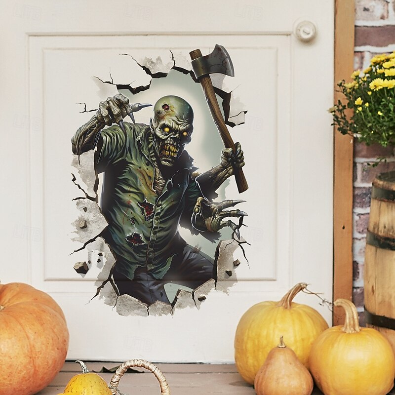 Halloween 3D Broken Wall Decal, Zombie with Axe Wall Stickers for Bedroom Living Room Entryway, Scary Self-Adhesive Halloween Wall Decor for Home Party2