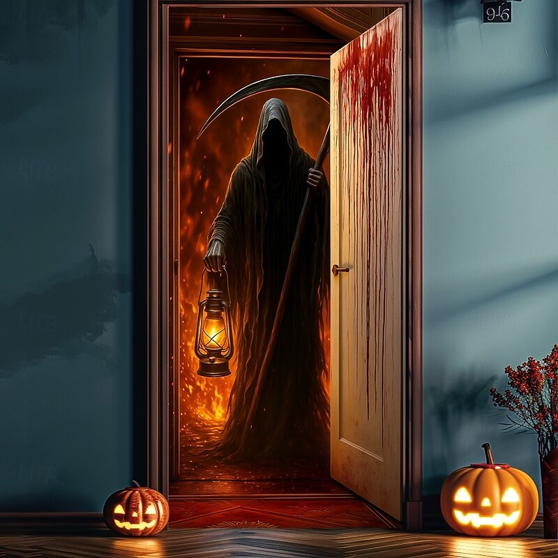 Halloween Door Cover – Grim Reaper with Lantern at Night, Haunted House Entrance Banner, Scary Outdoor 2025 Halloween Decoration for Bedroom, Living Room, Bathroom4