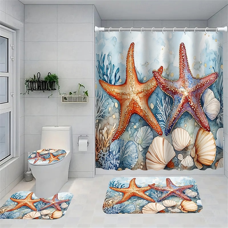 Ocean Beach Series Starfish Jellyfish Shower Curtains Sets Decorative Art Pattern Home Bathroom Curtains Toilet Seat Decoration Shower Curtain CarpetShower Curtain with Carpet and Toilet Lid 12 70.8x70.8 inch4