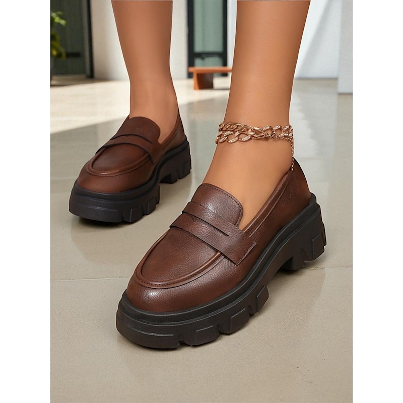 Women's Black Chunky Loafers with Platform Sole - Trendy Slip-On Casual Shoes for Everyday Wear, Office, and Weekend Outings