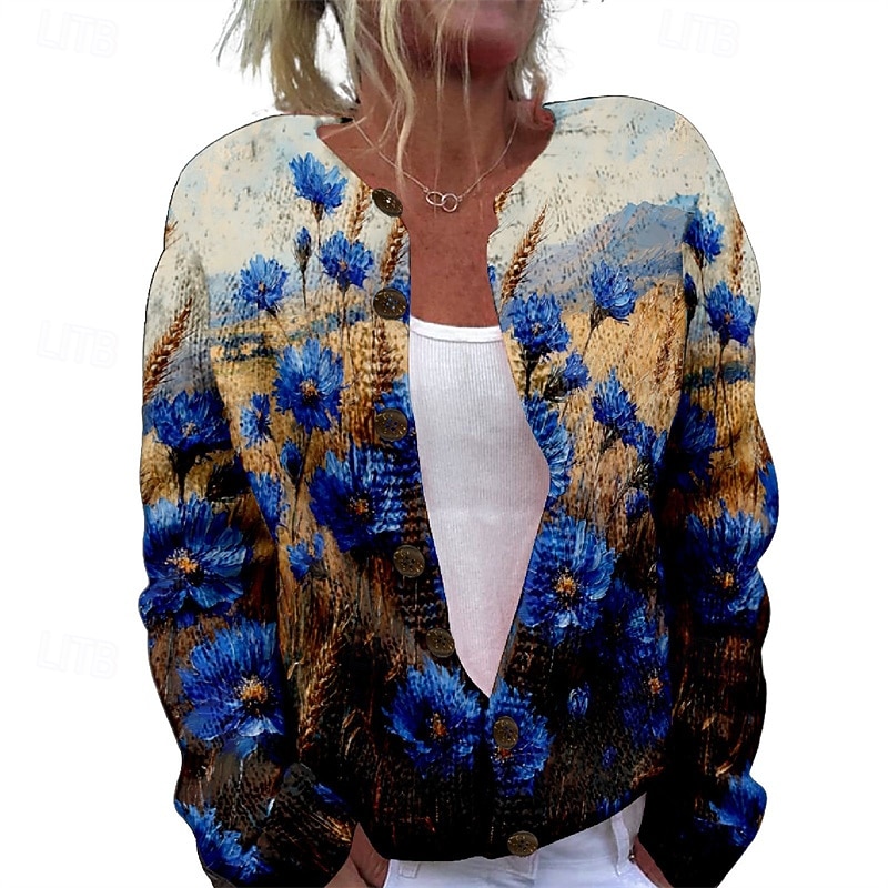 Women's Sweater Cardigan Fashion Streetwear Daily Butterfly Ribbed Open Front Knitted Print Long Sleeve Long Tops Knit Holiday Going out Weekend White Blue Fall Winter