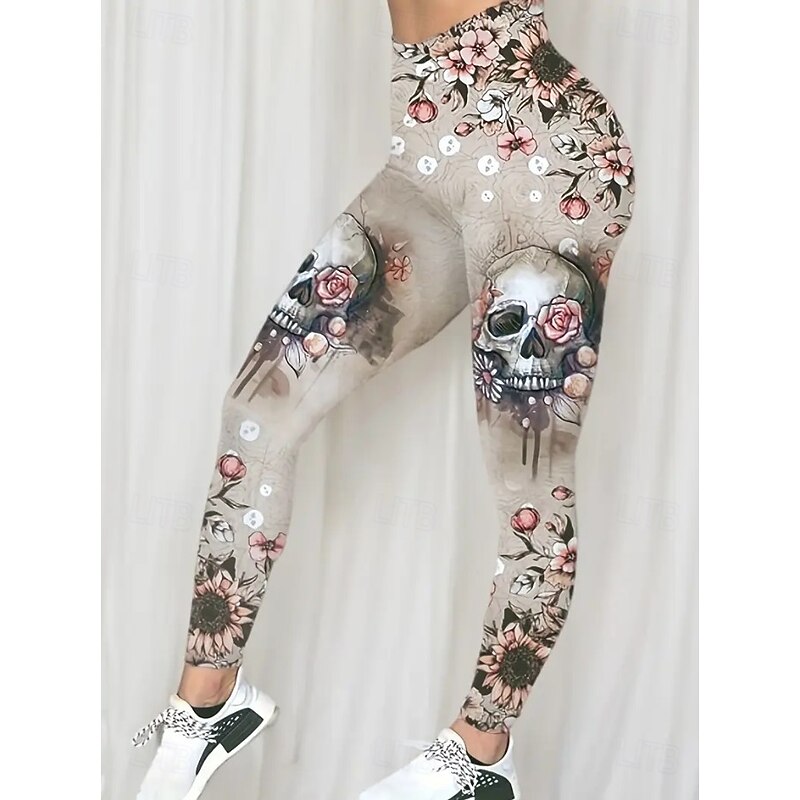 Women's Leggings Vacation Fashion Casual Ankle-Length High WaistPantsHalloween Graphic Skull Halloween Printing Soft Breathable Stretchy Vacation Casual Daily Pink & Yellow Black White Summer Spring2