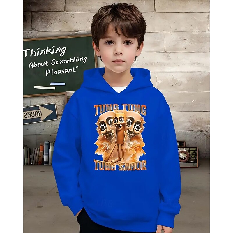 Boys' Casual Hoodie with TUNG TUNG TUNG SAUR Funny Abstract Print 3D Graphic Hoodie Long Sleeve Spring Fall Fashion Streetwear Kids 4-12 Years Hooded Outdoor Casual Daily Regular Fit4