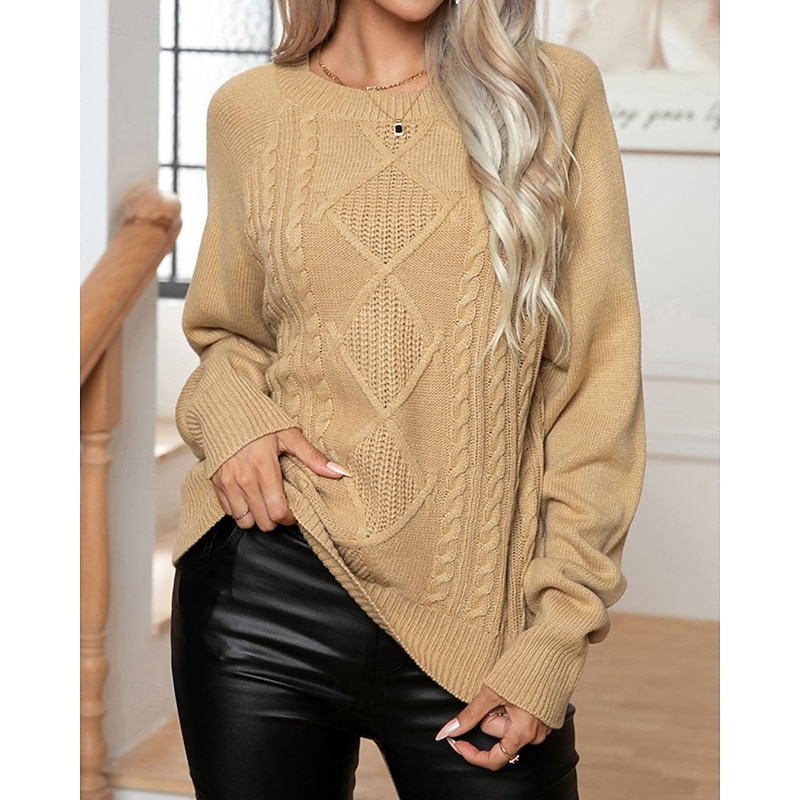 Women's Pullover Casual Solid Color Chunky Crew Neck Knitted Long Sleeve Regular Tops Knit Daily Holiday Going out White Khaki Fall Winter2