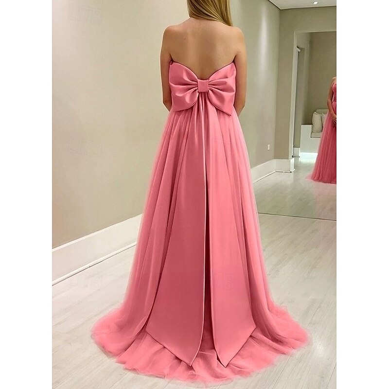 A-Line Wedding Guest Dresses Elegant Formal Dress Wedding Guest Engagement Floor Length Sleeveless Strapless Tulle with Bow(s) Pleats Ruched 20252