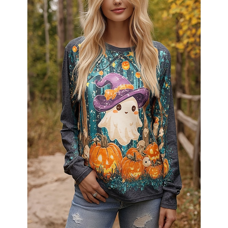 Halloween Women's T shirt Ghost Crew Neck Long Sleeve Tunic Floral Vintage Stylish Classic Round Neck Regular Tops Daily Print Gray Spring Fall